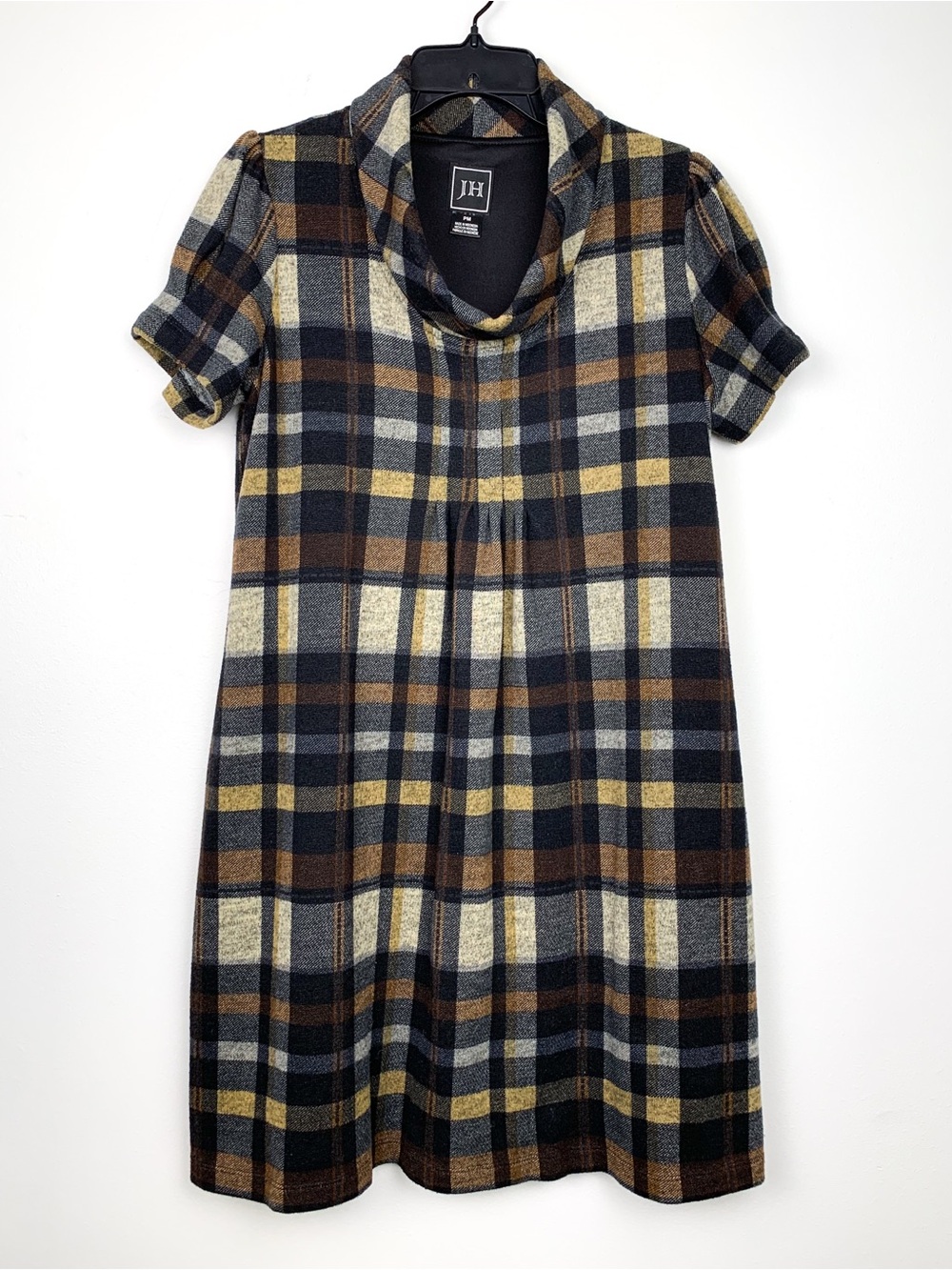 Jessica Howard plaid knit shift dress with cowl neck brown black cream medium